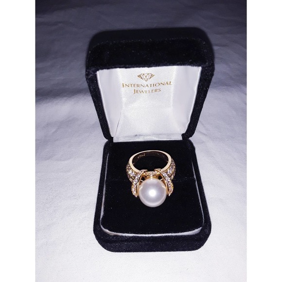 NIB Pearl & Diamond Sz 6 Simulated Cocktail Statement Ring Gold - Picture 4 of 7